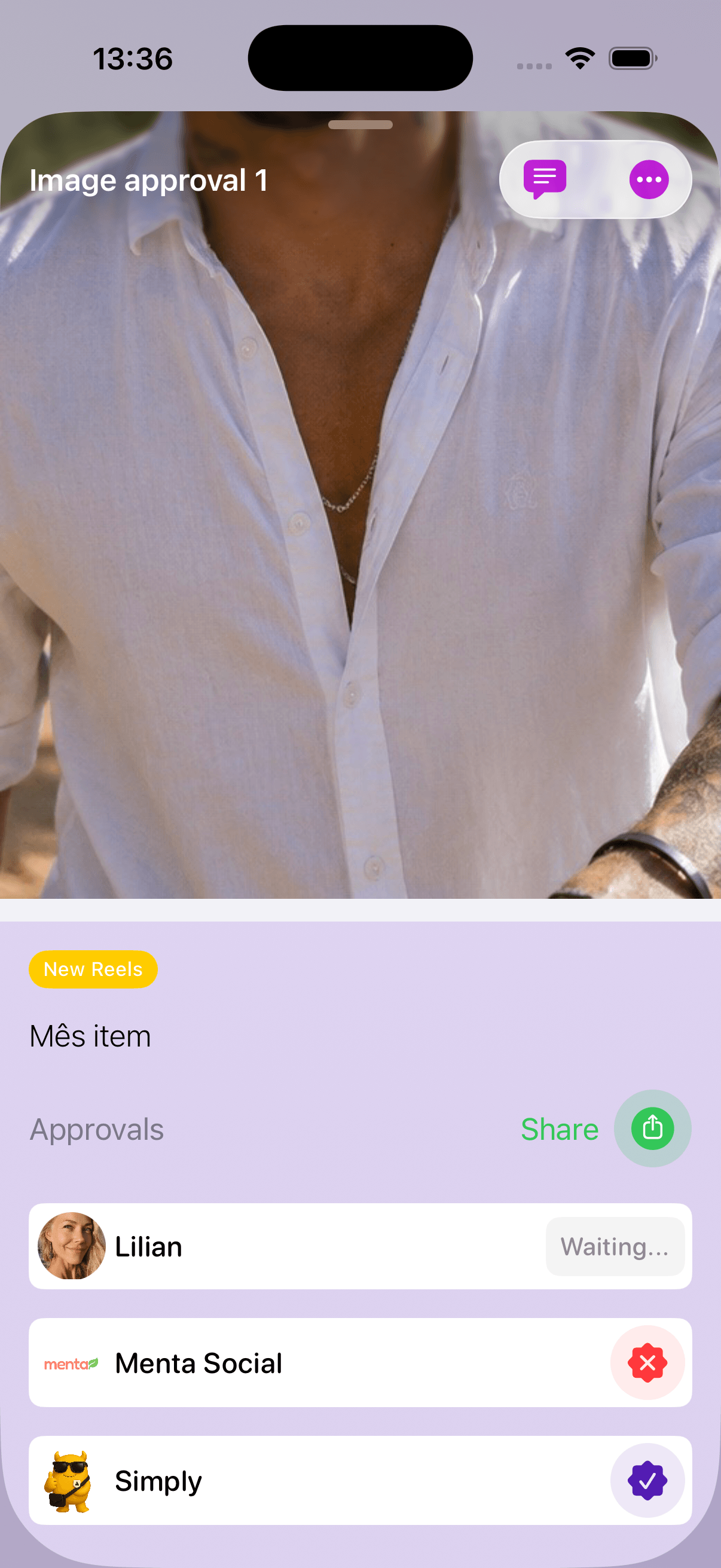 Profiles screen with approvers and status