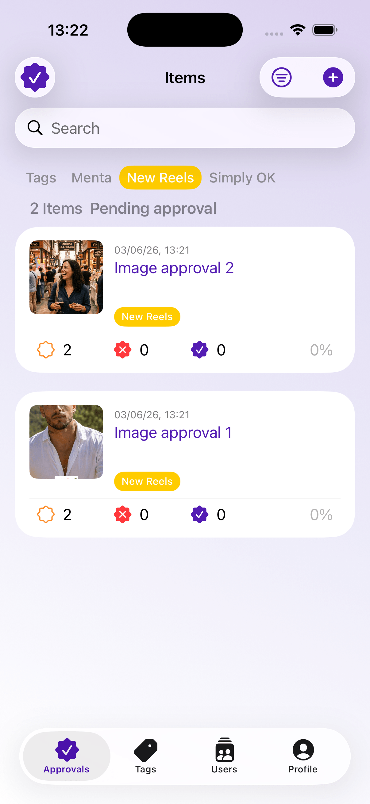 Items screen with tags and approvals