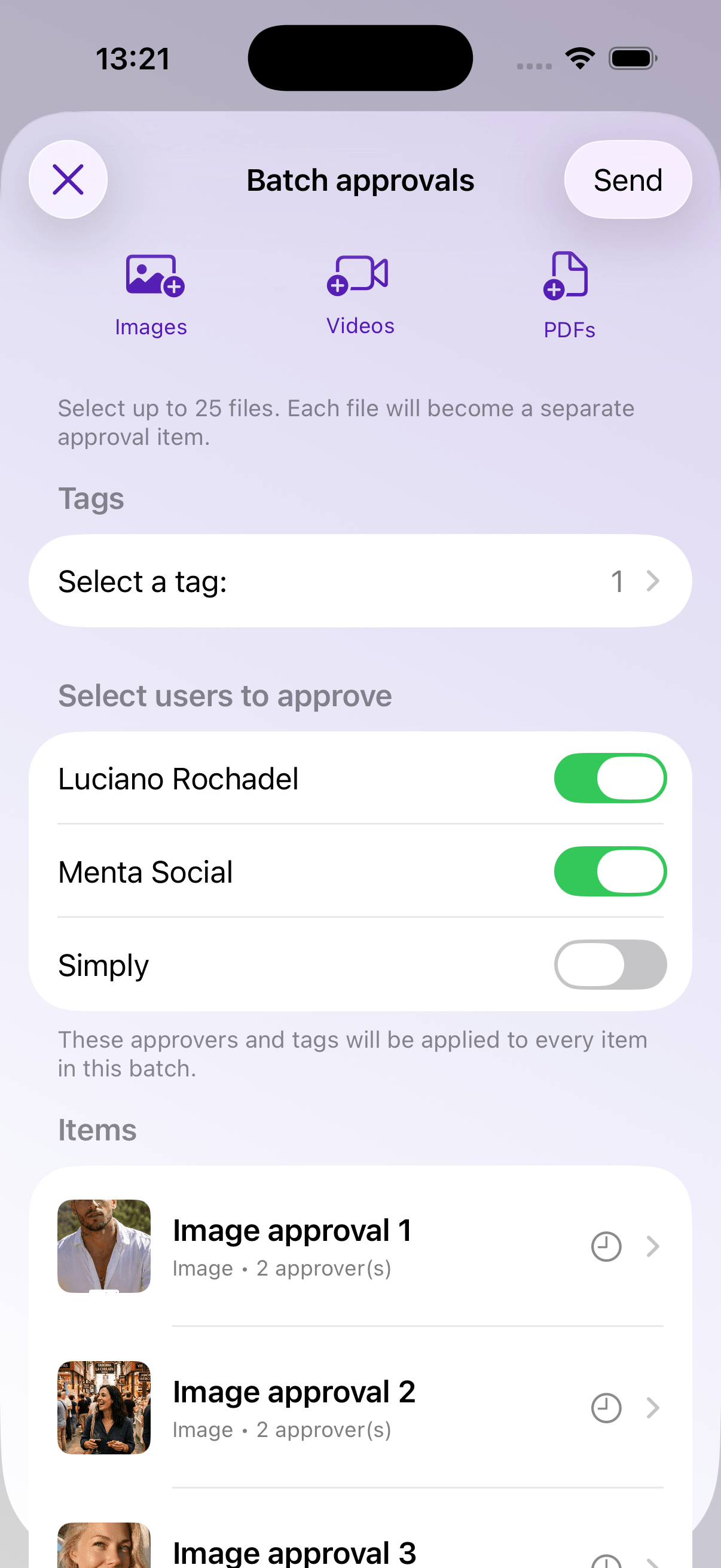 Batch approvals screen